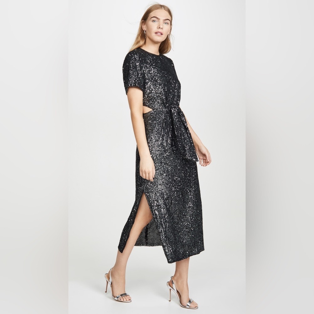 NWT Black Sequin Waist Cut out with front tie Midi Dress